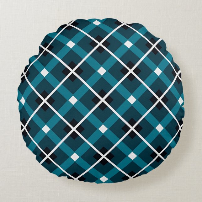 Teal & Navy Geometric Grid Pattern Rond Kussen (Voorkant)