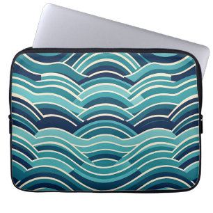 Teal Navy Geometrisch Golfpatroon Herhalend Laptop Sleeve
