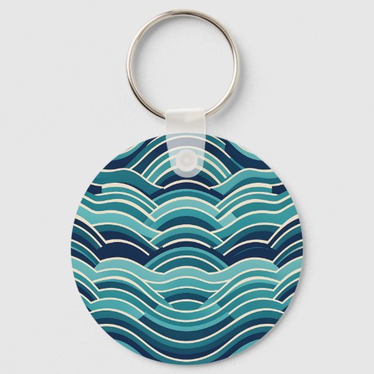 Teal Navy Geometrisch Golfpatroon Herhalend Sleutelhanger (Voorkant)