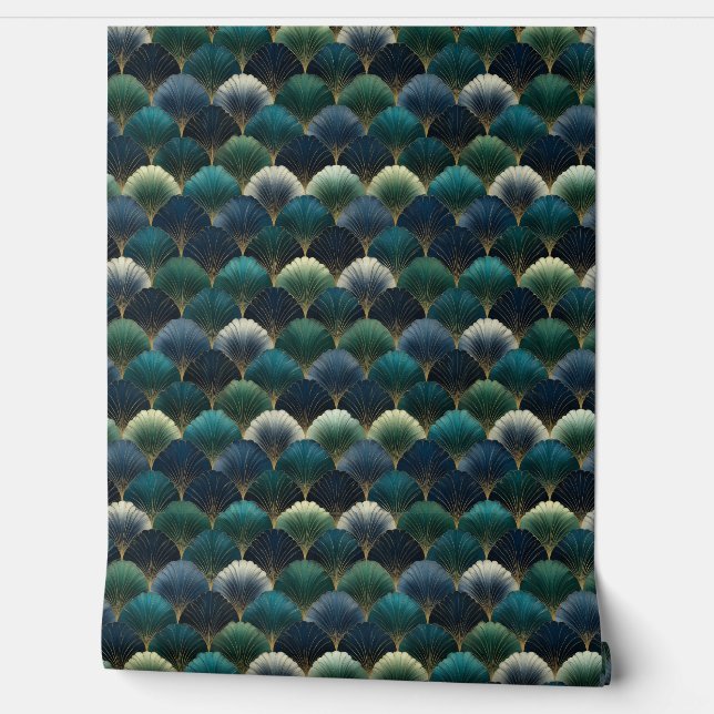 Teal Navy Gold Art Deco Fan Pattern Behang (Afrollen)