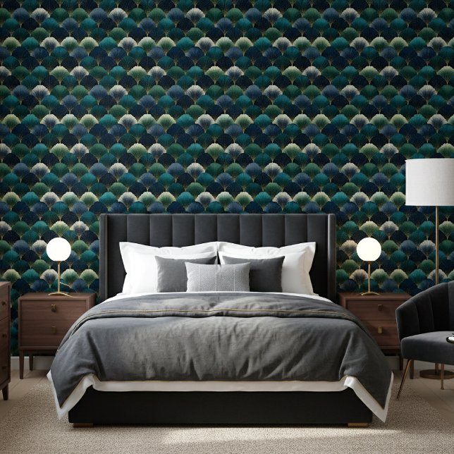 Teal Navy Gold Art Deco Fan Pattern Behang (Creator heeft geüpload)