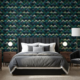 Teal Navy Goud Art Deco Waaierspatroon Behang