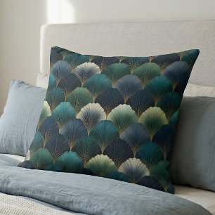 Teal Navy Goud Art Deco Waaierspatroon Kussen