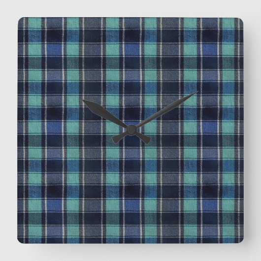 Teal & Navy Tartan Plaid Round Wall Clock Vierkante Klok (Voorkant)