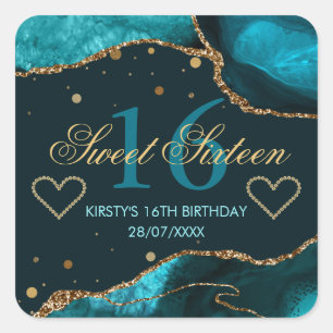 Teal & Nepgoud Glitter Agate Sweet 16 Vierkante Sticker