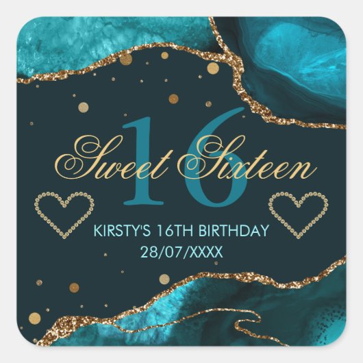 Teal & Nepgoud Glitter Agate Sweet 16 Vierkante Sticker (Voorkant)