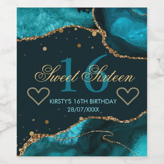 Teal & Nepgoud Glitter Agate Sweet 16 Wijn Etiket (Enkel label)
