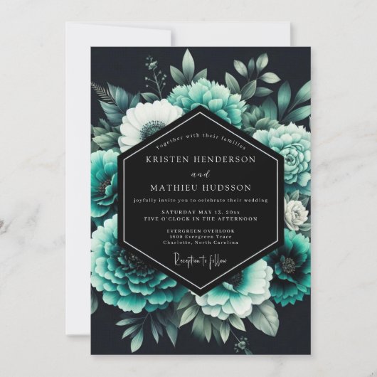 Teal Noir Botanical Wedding Kaart (Voorkant)