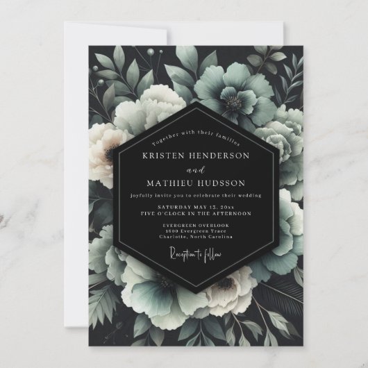 Teal Noir Floral Wedding Kaart (Voorkant)