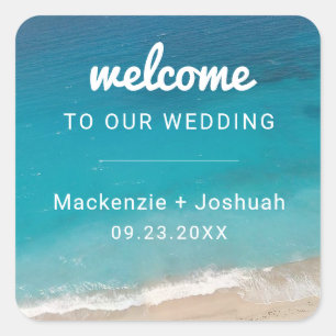 Teal Oceaan Strand Bruiloft Welkom Vierkante Sticker