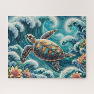 Teal Oceaangolf Met Schildpad Legpuzzel