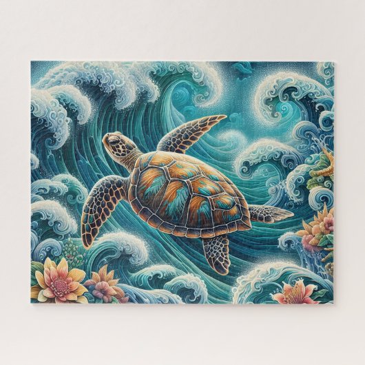 Teal Oceaangolf Met Schildpad Legpuzzel (Horizontaal)