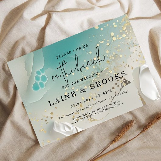 Teal Ocean Tide & Gold Ethereal Shoreline Wedding Kaart