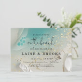 Teal Ocean Tide & Gold Ethereal Shoreline Wedding Kaart (Staand voorkant)