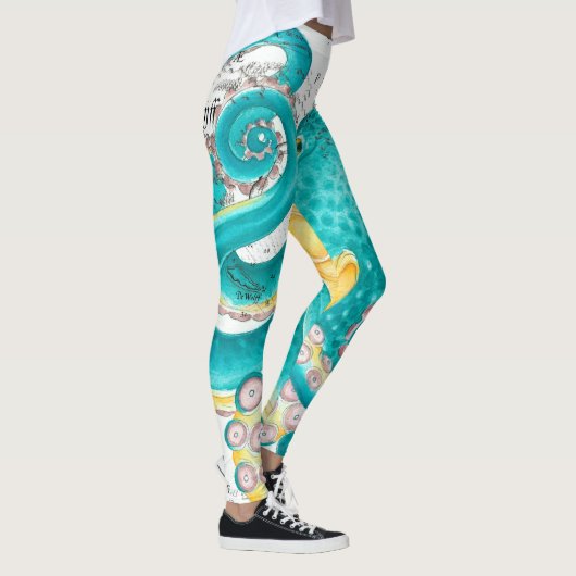 Teal Octopus Nautical Map Watercolor Leggings (Rechts)