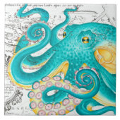 Teal Octopus Nautical Map Watercolor Tegeltje (Voorkant)