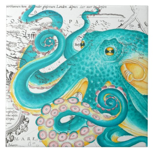 Teal Octopus Nautical Map Watercolor Tegeltje (Voorkant)