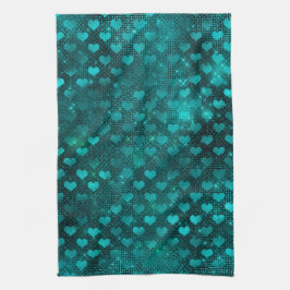 Teal Ombre Glam Glitter Harten Patroon Theedoek