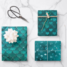 Teal Ombre Glam Harten, Zeemeermin Schubben & Stip Inpakpapier Vel