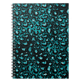 Teal Ombre & Zwarte Glam Glitter Luipaard Vlekken Notitieboek