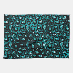 Teal Ombre & Zwarte Glam Glitter Luipaard Vlekken Theedoek
