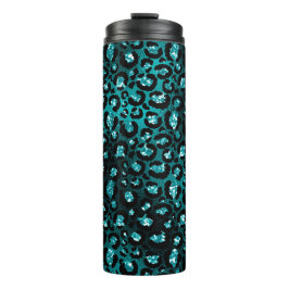 Teal Ombre & Zwarte Glam Glitter Luipaard Vlekken Thermosbeker