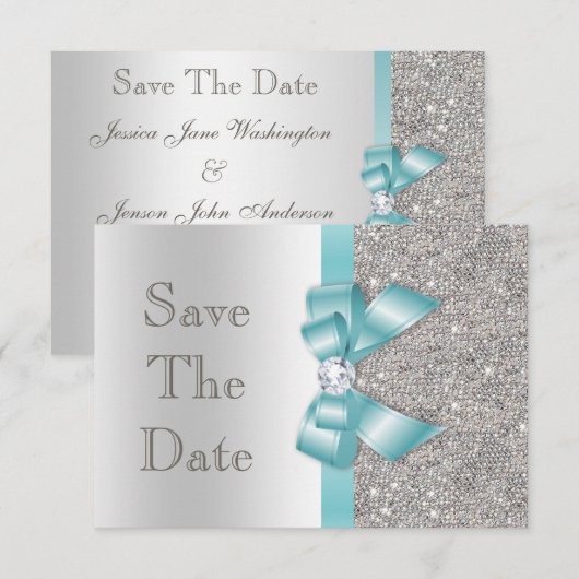 Teal onechte boog & diamanten zilver save the date (Voorkant / Achterkant)