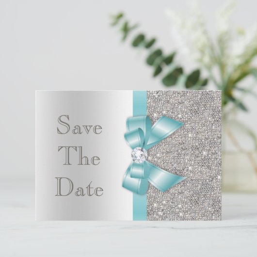 Teal onechte boog & diamanten zilver save the date (Staand voorkant)