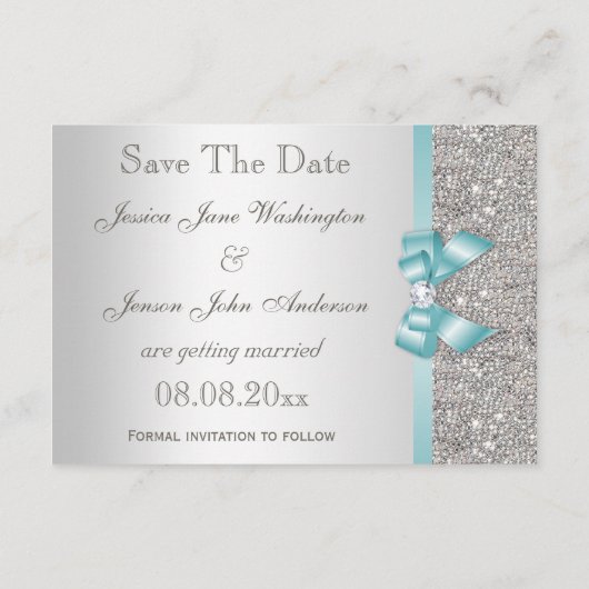 Teal onechte boog & diamanten zilver save the date (Achterkant)