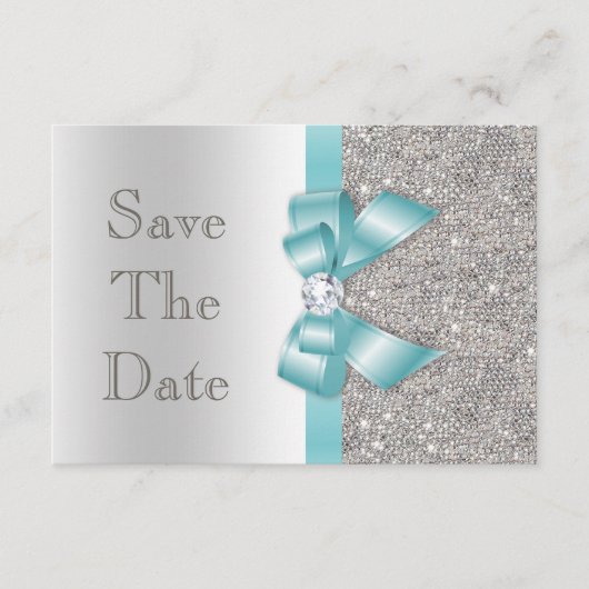 Teal onechte strik en diamanten zilver Save The Da Save The Date (Voorkant)