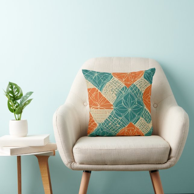 Teal, Orange, and Tan Abstract Flowers Kussen (Stoel)