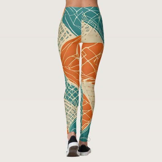 Teal, Orange, and Tan Abstract Flowers  Leggings (Achterkant)