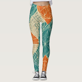 Teal, Orange, and Tan Abstract Flowers Leggings