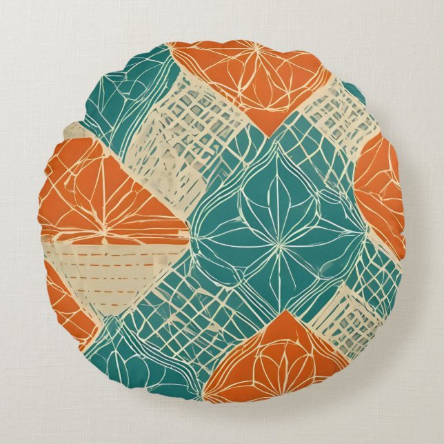 Teal, Orange, and Tan Abstract Flowers Rond Kussen (Voorkant)