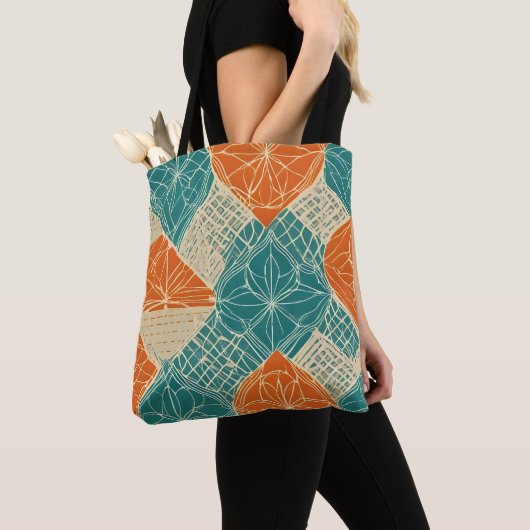 Teal, Orange, and Tan Abstract Flowers Tote Bag (Dichtbij)