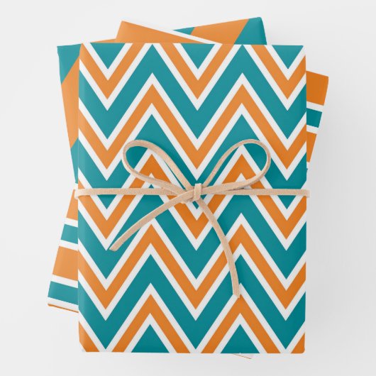 Teal, Orange, and White Chevron & Stripe Patterns Inpakpapier Vel (In situ)