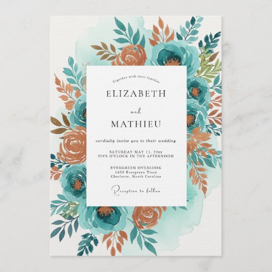 Teal Orange Painterly Bloom Wedding Kaart (Voorkant)
