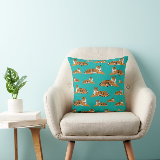 Teal Oranje Tijger Dier Patroon Kussen (Stoel)