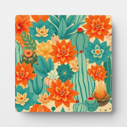 Teal Oranje Woestijn Cactus Bloei Fotoplaat (Voorkant)