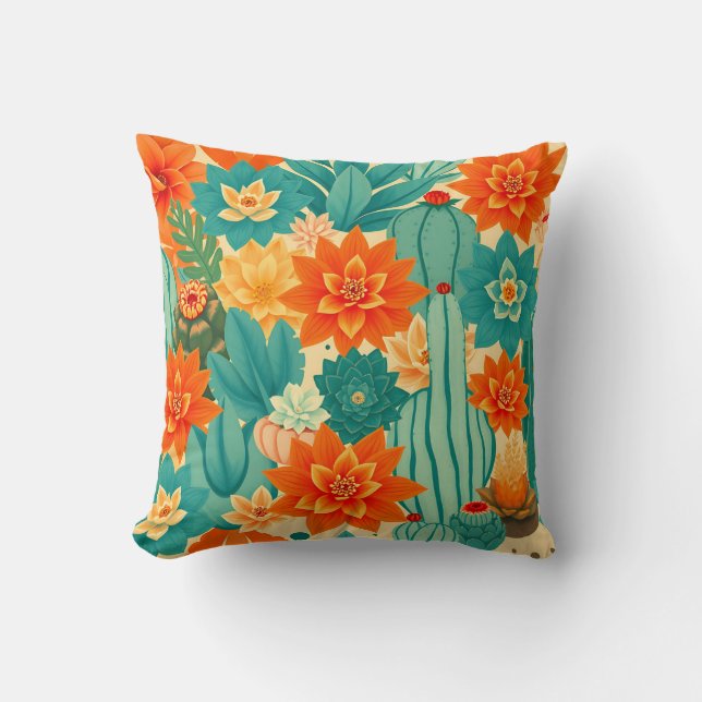 Teal Oranje Woestijn Cactus Bloei Kussen (Voorkant)
