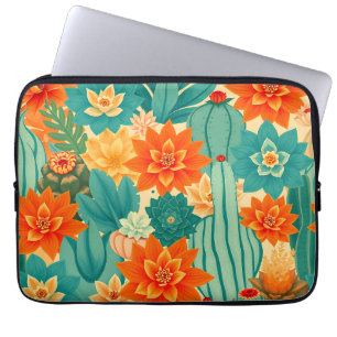 Teal Oranje Woestijn Cactus Bloei Laptop Sleeve