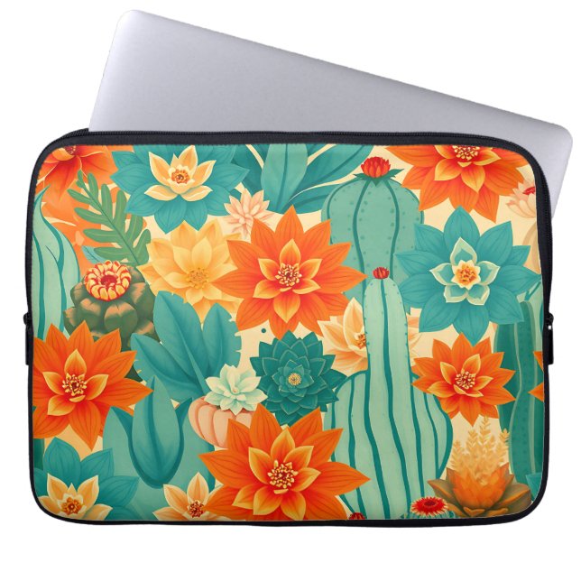 Teal Oranje Woestijn Cactus Bloei Laptop Sleeve (Voorkant)