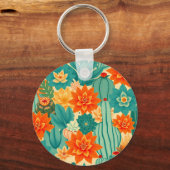 Teal Oranje Woestijn Cactus Bloei Sleutelhanger (Voorkant)