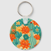 Teal Oranje Woestijn Cactus Bloei Sleutelhanger (Achterkant)