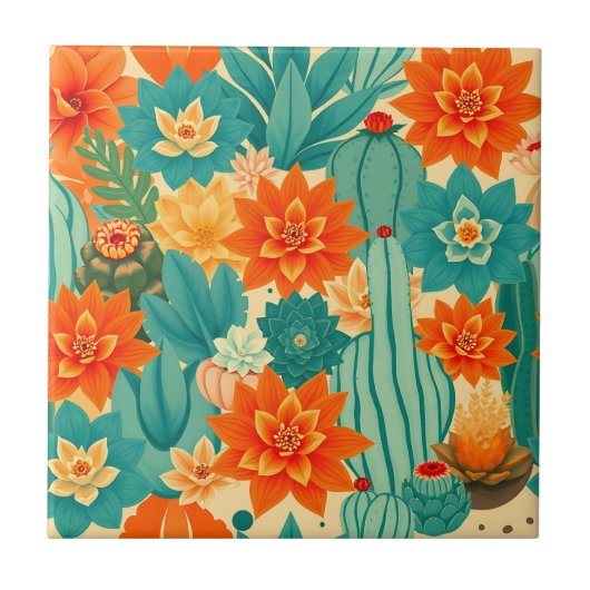 Teal Oranje Woestijn Cactus Bloei Tegeltje (Voorkant)