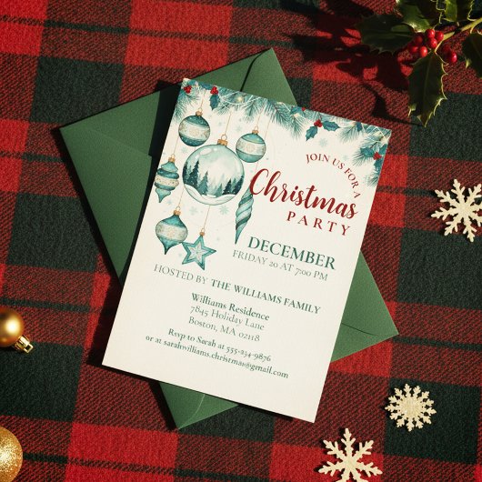  Teal Ornament Christmas Party Invitation Art Kaart