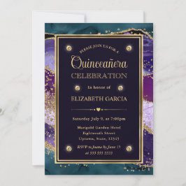 Teal, Paars en Gouden Glitter Agate Quinceanera Kaart