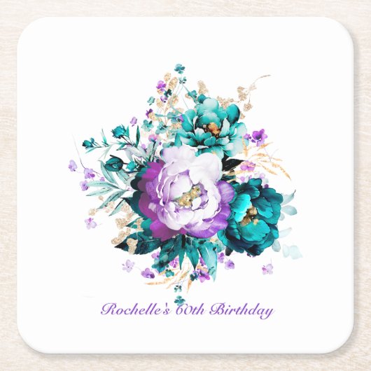 Teal Paarse en Gouden Bloem Onderzetters  (Voorkant)