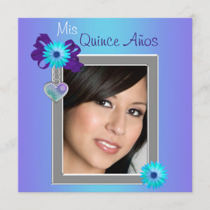 Teal Paarse Madelief Foto Quinceanera Kaart