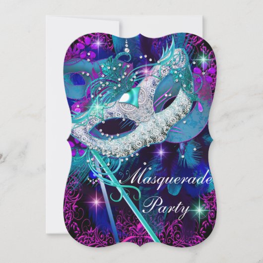 Teal & Paarse Maskerade Bal Kaart (Voorkant)